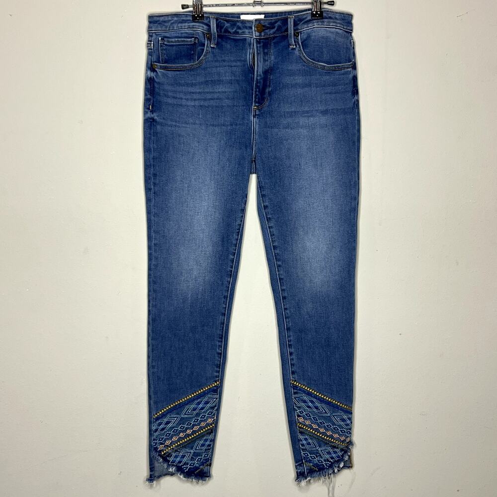 Driftwood Jackie High Rise Skinny Jeans Womens 30 Blue Embroidered Raw Hem